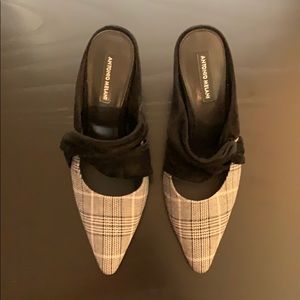 Antonio Melanie Black-White Plaid & Suede Heels